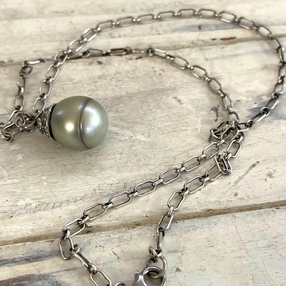 Vintage Tahitian pearl accented with CZs link necklace - Picture 2 of 7